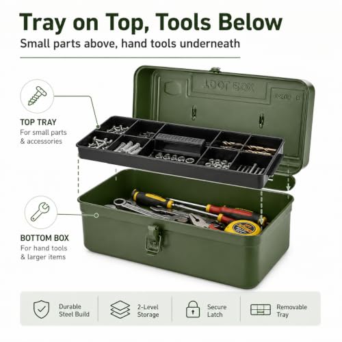 Portable Metal Tool Box with Removable Divider Tray, 14.2 in - color: Green