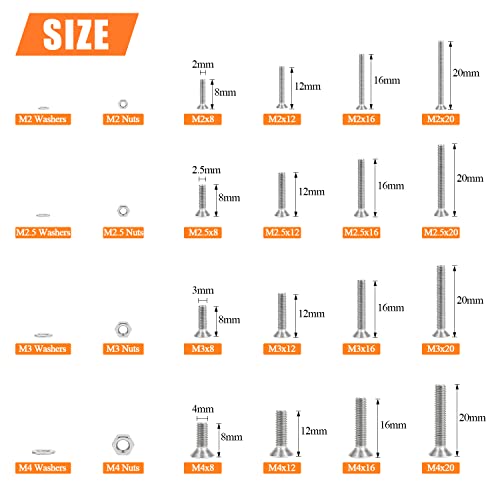 HELIFOUNER 1280 Pieces M2 M2.5 M3 M4 304 Stainless Steel Phillips Countersunk Head Machine Screws, Metric Screws Bolts Washers Nuts Kit, 304 Stainless Steel - size: M2/M2.5/M3/M4, style: Phillips Countersunk Head