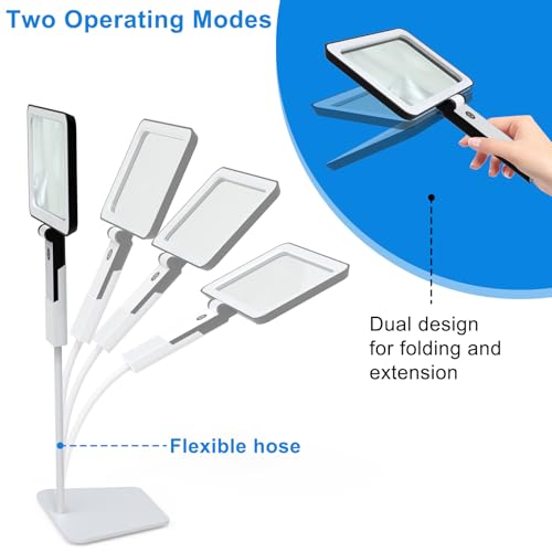 5X Tabletop Magnifying Glass with Light,Detachable and Foldable Acrylic Lenses Handheld Magnifying Glass,Lightweight Rectangular Flexible Gooseneck Magnifier for Seniors Reading、Close Work - style: Magnifying glass with base