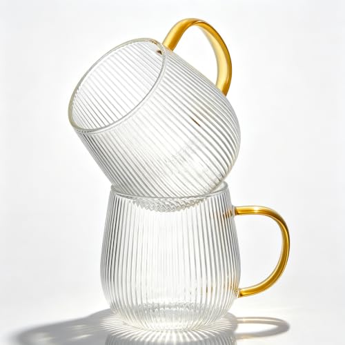 GLASKEY Borosilicate Glass Coffee Mugs Set of 2,12 oz Glass Coffee Cups with Vertical Stripes Pattern,Clear Tea Cup for Tea,Coffee,Latte,Hot and Cold Beverage,Christmas Thanksgiving Gifts - size: 12 Fluid Ounces (2 Count)