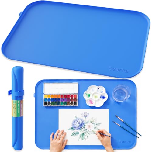 Silicone Art Mat 24" x 16" with Raised Edge, Roll-Up Design with Storage Strap, Multi-Purpose Desk & Table Protector Silicone Craft Mat for Crafts, Painting & DIY, Blue - color: Blue