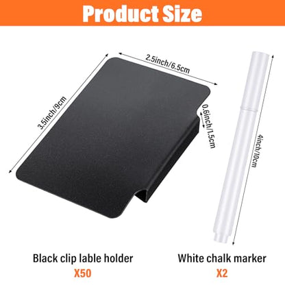 52PCS Basket Labels Clip On Set, 50 Removable PVC Bin Label Holders with 2 Chalk Markers for Pantry Storage Bins Organization (Black)