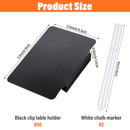 52PCS Basket Labels Clip On Set, 50 Removable PVC Bin Label Holders with 2 Chalk Markers for Pantry Storage Bins Organization (Black)