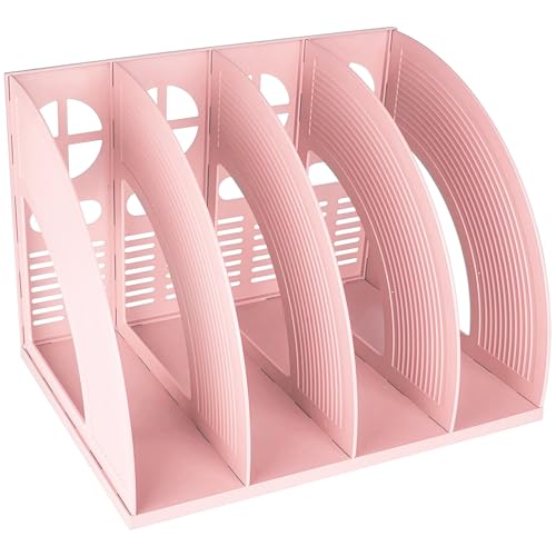 SAYEEC Sturdy Magazine Holder 4 Compartments Plastic Desktop File Organizer File Dividers Office Organizer Storage Document Magaizne Rack Display Box (Pink) - color: Pink-4 Sections