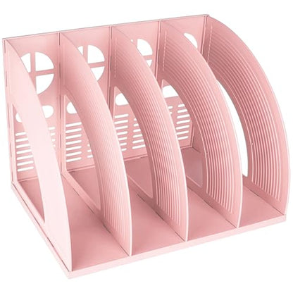 SAYEEC Sturdy Magazine Holder 4 Compartments Plastic Desktop File Organizer File Dividers Office Organizer Storage Document Magaizne Rack Display Box (Pink) - color: Pink-4 Sections