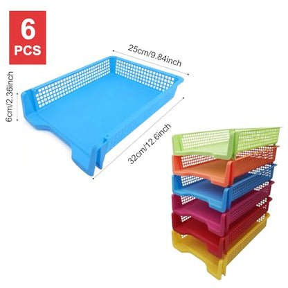 6 PCS Colorful Plastic Trays Rainbow Classroom Turn in Trays Stackable Paper Tray for Teachers Office Files Document Storage Playroom Organization Basket Classroom Library