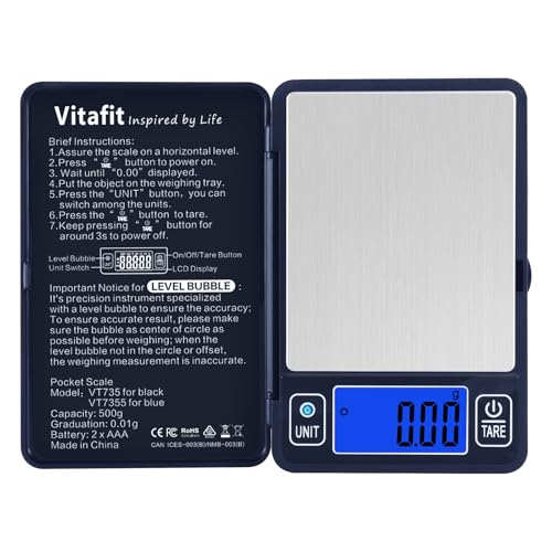Vitafit 500g Digital Gram Scale in 0.01g, High Accuracy Assured by Built-in Level Bubble, Scale Professional Since 2001, Pocket Scale for Multi-Function: Kitchen, Food, Jewelry, Lab, Coffee, Blue
