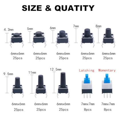 TWTADE 202PCS Micro Momentary Tactile Push Button Switch Assortment Kit 10 Values 4 Pin/6Pin 6x6mm & 7x7mm Tact Switches - color: Black-4 Pin