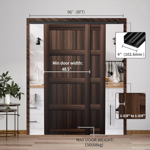 Heavy Duty Bypass Sliding Closet Door Track Hardware 96", 8 FT Aluminium Pocket Door Track Rail Set, Smoothly and Quietly, for 2 Door System,Black - size: XC40 96"-B