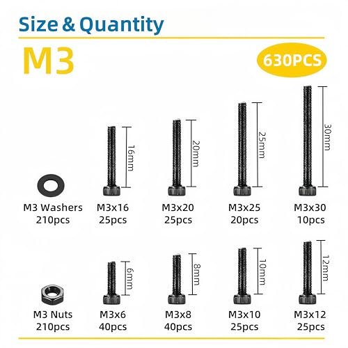 630 Pcs M3 Screws Assortment Kit, M3x6mm/8mm/10mm/12mm/16mm/20mm/25mm/30mm, Metric Hex Socket Head Cap Screws Nuts Washers Kit with Wrench, Black Zinc Plated - size: M3 630Pcs 6mm-30mm