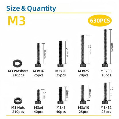 630 Pcs M3 Screws Assortment Kit, M3x6mm/8mm/10mm/12mm/16mm/20mm/25mm/30mm, Metric Hex Socket Head Cap Screws Nuts Washers Kit with Wrench, Black Zinc Plated - size: M3 630Pcs 6mm-30mm