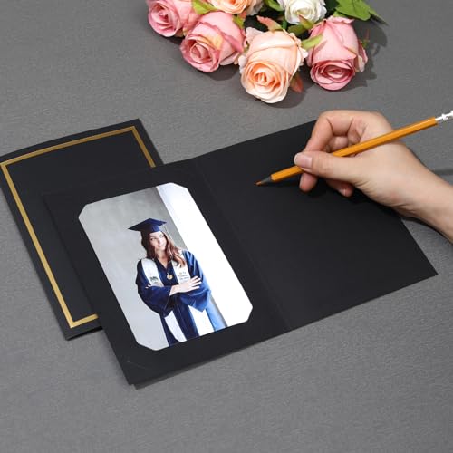 100 Count Photo Folders for 4x6 or 5x7 Pictures,Paper Picture Frames,Cardboard Greeting Photo Frame Cards for Graduation Wedding Birthday Classroom DIY (Black with Gold Trim) - style: 100CT - Black
