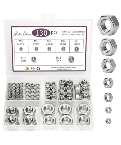 Bates- Metric Hex Nuts Assortment Kit, 7 Sizes, 130 pcs, Stainless Steel, M3 M4 M5 M6 M8 M10 M12, Hardware Nuts