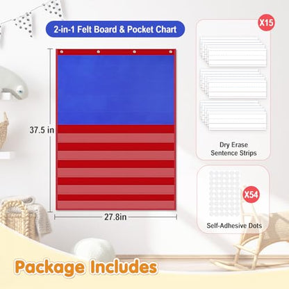 AKAYOK 2-in-1 Felt Board & Pocket Chart, 37”x28 Felt Board for Wall with 54 Self Adhesive Dots & 15 Dry Erase Sentence Strips, Flannel Boards Stories for Preschool, Early Literacy & Speech Therapy - color: Blue-1