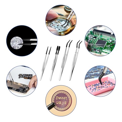 4 Pcs Tweezers with Rubber Tips Set - PVC Coated Precision Tweezers for Crafting, Jewelry, Electronics, and Lab Work