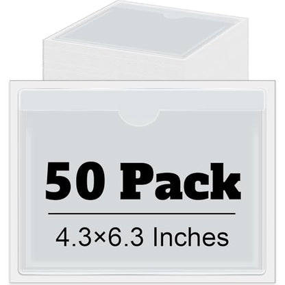 Chinco 50 Pack 4" x 6" Clear Adhesive Pockets, Index Card Pockets With Top Open Loading, Plastic Labels Holders for Organizing Storage Bins, Library Card, Drawer, and Protecting Your Cards - size: 4.3 x 6.3 Inches