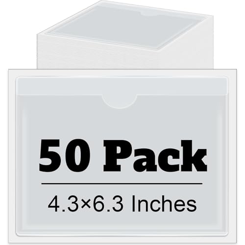 Chinco 50 Pack 4" x 6" Clear Adhesive Pockets, Index Card Pockets With Top Open Loading, Plastic Labels Holders for Organizing Storage Bins, Library Card, Drawer, and Protecting Your Cards - size: 4.3 x 6.3 Inches