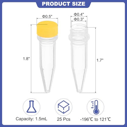 PATIKIL 1.5ml Plastic Cryogenic, 25Pcs Cryogenic Vial Screw Top Frozen Test Tube for Lab Laboratory Science, Yellow Cap - color: Yellow