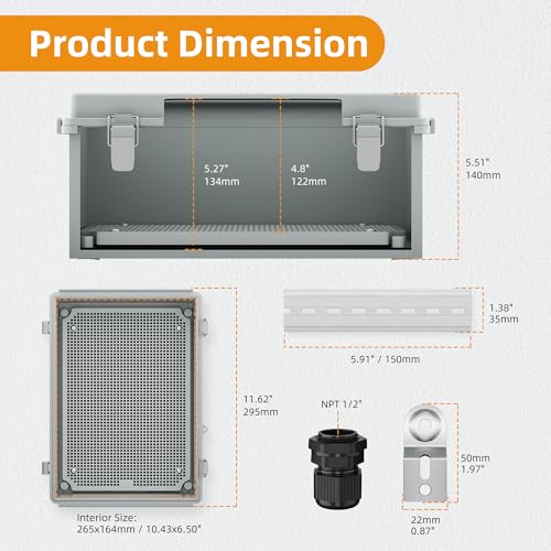 Joinfworld Waterproof Box for Electronics Outside 11.4x7.5x5.5 Outdoor Weatherproof Electrical Box Plastic Weather Proof Nema 4 Enclosure - size: 11.4"x7.5"x5.5"