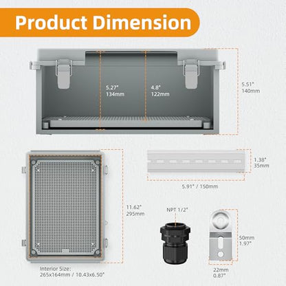 Joinfworld Waterproof Box for Electronics Outside 11.4x7.5x5.5 Outdoor Weatherproof Electrical Box Plastic Weather Proof Nema 4 Enclosure - size: 11.4"x7.5"x5.5"