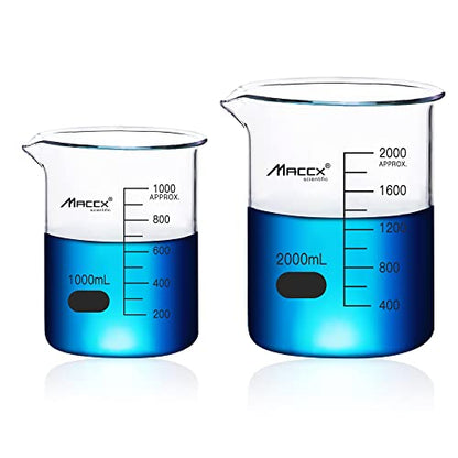 Sturdy Glass Beakers, 2 Sizes of 1000ml 2000ml,3.3 Borosilicate Griffin Low Form with Printed Graduation, BKLS06-002 - style: Vol.1000ml 2000ml