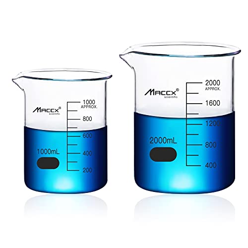 Sturdy Glass Beakers, 2 Sizes of 1000ml 2000ml,3.3 Borosilicate Griffin Low Form with Printed Graduation, BKLS06-002 - style: Vol.1000ml 2000ml