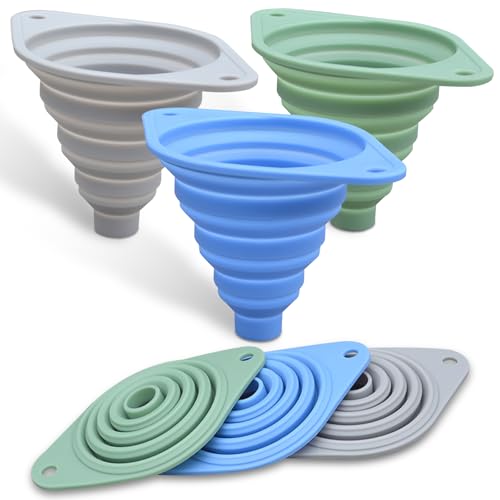 Kitchen Funnel Set 3 Pack,Funnels for Kitchen Use Filling Bottles,Silicone Funnel Collapsible,Small Funnels for Filling Small Bottles - size: 3 Pack-Blue,Green,Gray