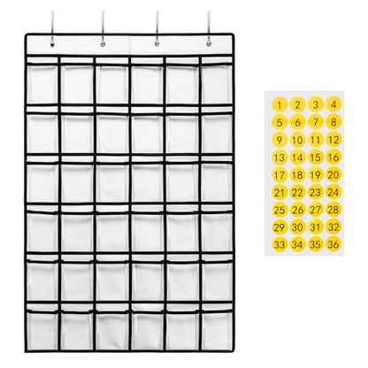 SAVERHO 36 Clear Pockets Classroom Pocket Chart for Cell Phones, Pocket Chart for Calculator Phone Holder with 36 Number Stickers and Hooks (White) - color: White-1pack of 36pockets