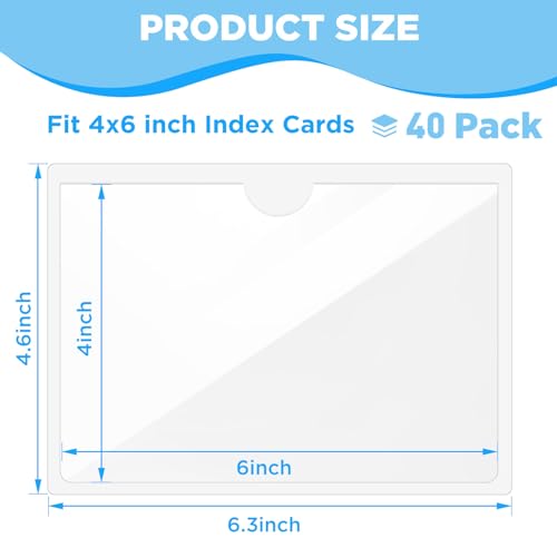 40 Pack Clear Self-Adhesive Pockets, 4" x 6" Index Card Pockets With Top Open Loading, PVC Label Holders for Organizing storage bins, Library Card, Drawer, and Protecting Your Cards - size: 4" x 6", style: 40 Pack