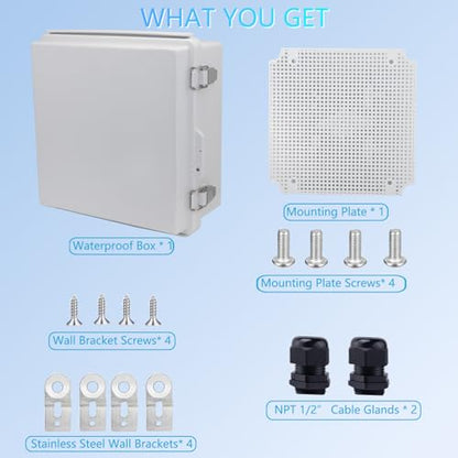 IP67 Waterproof Junction Box, ABS Plastic Electrical Enclosure with Stainless Steel Latch, Hinged Cover Electric Box with Mounting Plate, Wall Brackets & Cable Glands 210x210x100 - color: Grey, size: 8.3"x8.3"x3.9" Standard