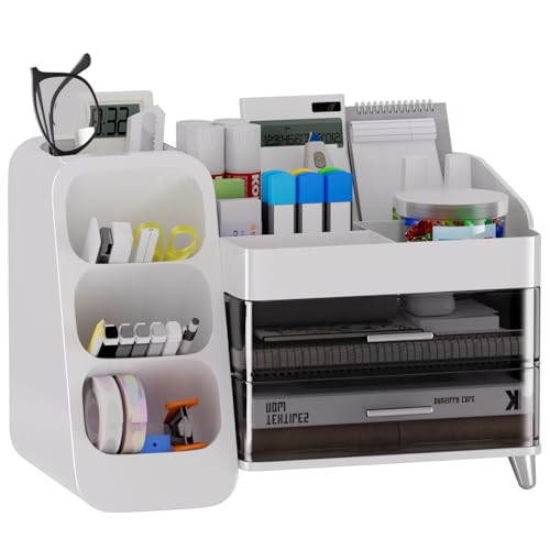 White Desk Organizer with Drawers, 2-Tier Desktop Organizer with Pen Holder, Office Supply Organizer for Desk Organization and Storage