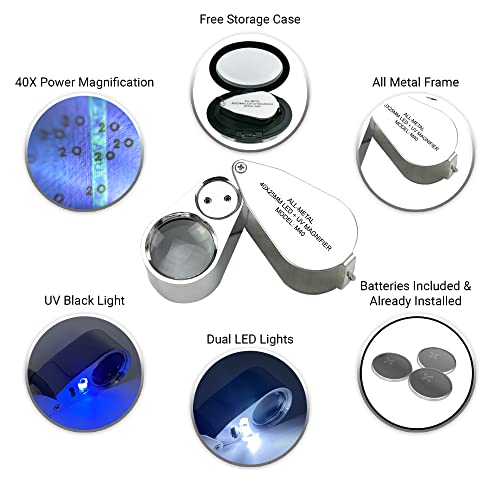 Pineapple 40X Jewelers Loupe with Light, UV Lighted Magnifying Glass Eye Loop, LED Illuminated Metal Pocket Magnifier for Jewelry, Currency, Plants, Coins, Diamonds, Stamps