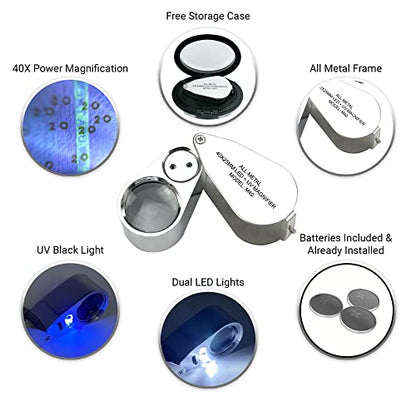 Pineapple 40X Jewelers Loupe with Light, UV Lighted Magnifying Glass Eye Loop, LED Illuminated Metal Pocket Magnifier for Jewelry, Currency, Plants, Coins, Diamonds, Stamps