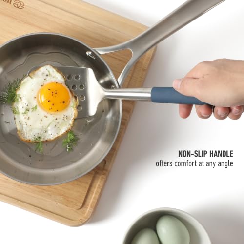 Calphalon Slotted Turner, Kitchen Flipping Spatula, Slotted Spatula, Stainless Steel Turner with Silicone Heat Resistance Handle, Nonstick-Safe Spatula for Draining and Flipping (Navy) - color: Navy Blue I, size: Slotted Turner