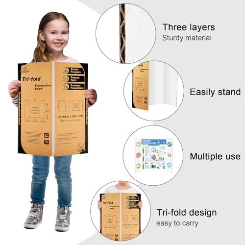 IKAYAS 8 Pack Trifold Poster Board 24" X 16" White Science Display Board