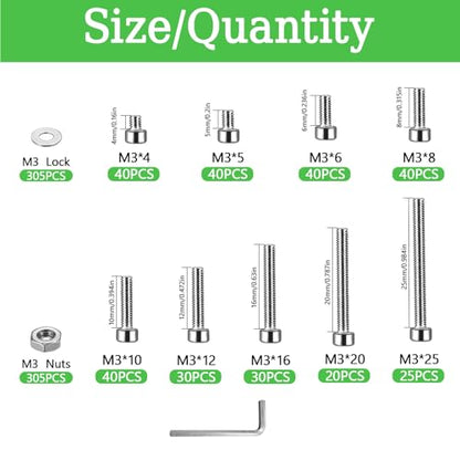915Pcs M3 Screws Assortment, Hex Socket Head Cap Screw Bolts Nuts Washer Kit, Stainless Steel,9-Sizes M3x4/5/6/8/10/12/16/20/25mm Screws for 3D Printer DIY - size: M3 x 4/5/6/8/10/12/16/20/25-915Pcs