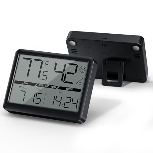 Deeyaple Humidity Meter Thermometer Digital Travel Clock Magnetic Battery Powered High Accuracy Display Temperature(℉/℃) Date 12/24H Time LCD Large Number Outdoor Indoor Hygrometer No Alarm