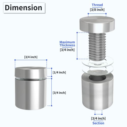 LuckIn 50-Pack Standoff Screws (3/4 in. Dia x 3/4 in. L), Stainless Steel Standoff Mounting Hardware for Acrylic Signs, Silver