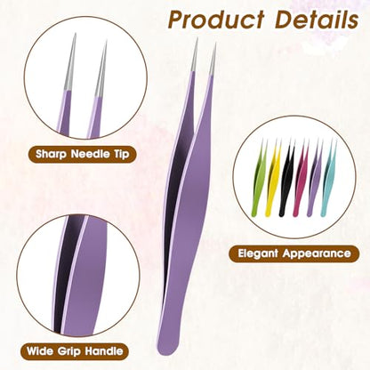 Salbsever 6-Piece Needle Nose Tweezers - Precision Fine Point Tip - Stainless Steel - Blackhead Remover for Nose, Facial Hair & Eyebrow