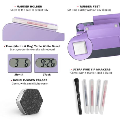 Small Glass Desktop Whiteboard with Clock, Mini Pure Glass Dry-Erase Purple - color: Clock Purple