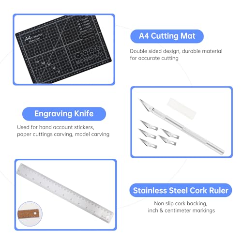 A4 Self Healing Cutting Mat & Carving Craft Knife with 5 Extra Blades and Stainless Steel Cork Ruler 12 inch / 30cm Dual Scale for DIY Art Work Cutting, Hobby, Stencil, Scrapbooking Stencil