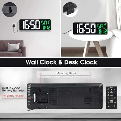 17" Large Digital Wall Clock, Bluetooth Sync, Auto Dimmer, Remote - color: White+green