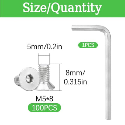 100Pcs M5x8mm Stainless Steel Flat Head Socket Cap Screws, Full Thread Allen Drive Countersunk Bolts, Bright Finish, Ideal for DIY & Home Repair - size: M5x8