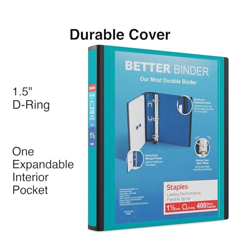 Staples Better Binder, 1.5-Inch D-Ring View, Teal, Holds 350 Sheets - color: Teal, size: 1.5-Inch