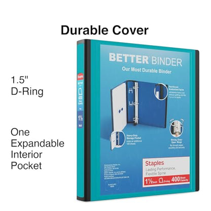 Staples Better Binder, 1.5-Inch D-Ring View, Teal, Holds 350 Sheets - color: Teal, size: 1.5-Inch