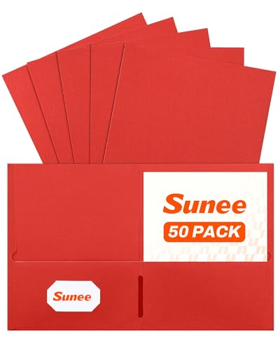 SUNEE Two Pocket Folders, 50 Pack File Folders with Business Card Slot, Textured Paper, Fit Letter Size Paper, Paper File Folder for School Office Home Business, Red - color: Red