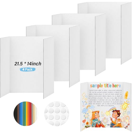 4 Pcs Trifold Poster Board, 21.5x14 inches Small White Poster Board Comes with Sticky Accessories, Corrugated Presentation Boards, Display Board for School Projects, Business Presentations - size: 21.5x14 in, style: 4 count