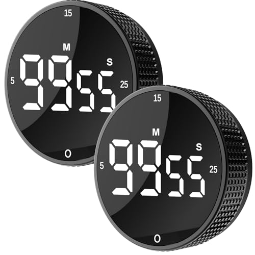 Digital Kitchen Timer - Magnetic Countdown Count Up Clock with Large LED Display, 5/15/25 Min Presets, 3 Volume Levels, Rotary Dial for Cooking, Productivity, Classroom, Fitness (2, Black)