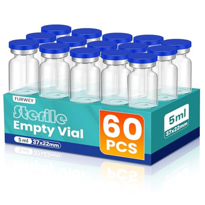 FURWEY 5ML Sterile Vials, Glass Empty Vials for Injection, 60 Pack - size: 5ML-60P