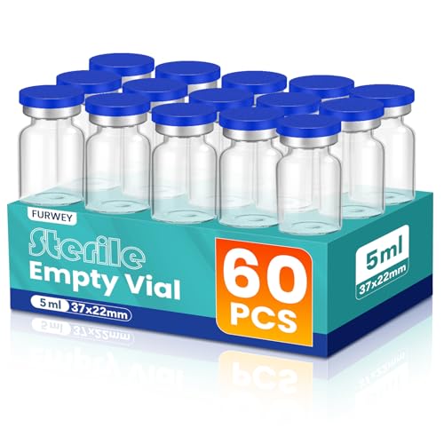 FURWEY 5ML Sterile Vials, Glass Empty Vials for Injection, 60 Pack - size: 5ML-60P